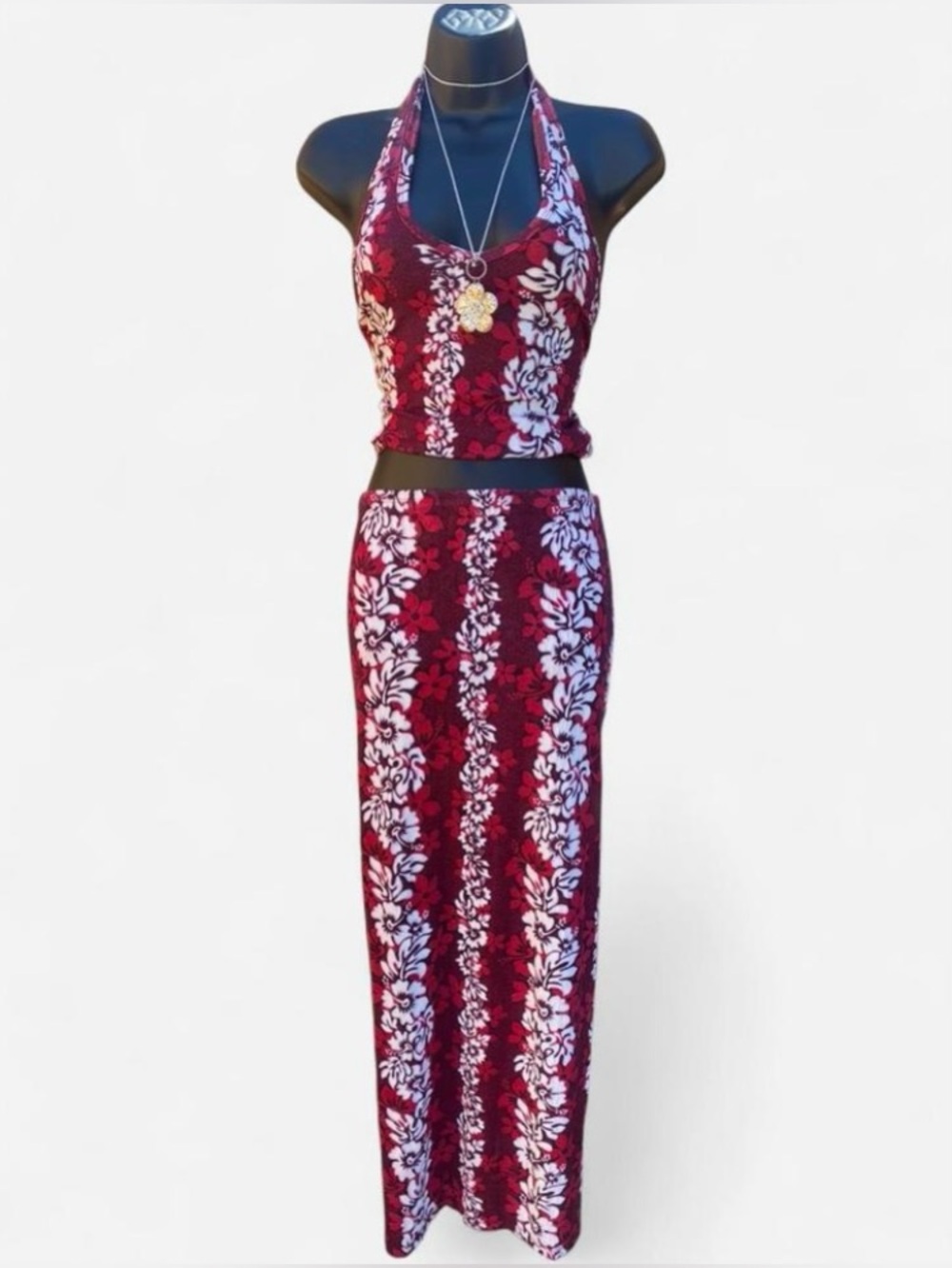 Y2k Red & White Hawaiian Floral Print Halter Top & Maxi Skirt Matching Set